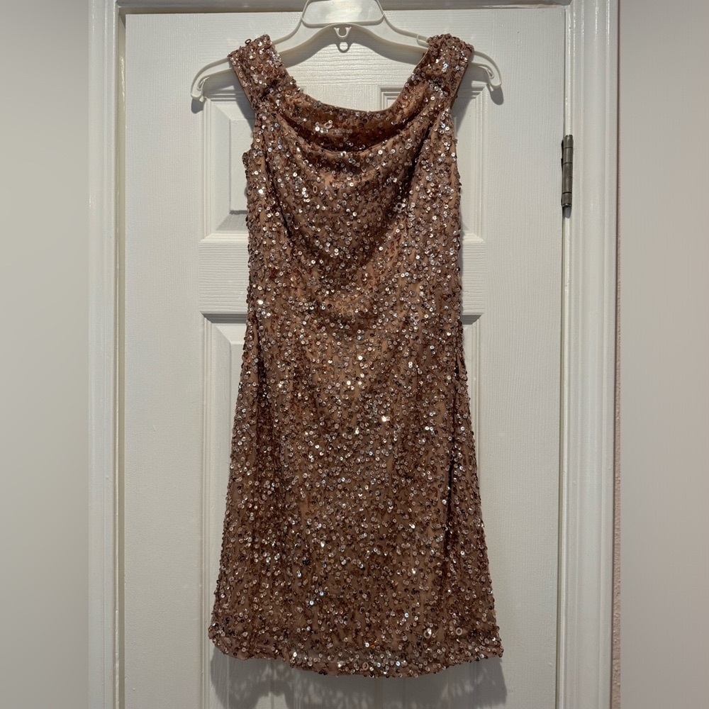 Adrianna Papell Sequin Dress Off The Shoulder - Rose Gold - size 2
